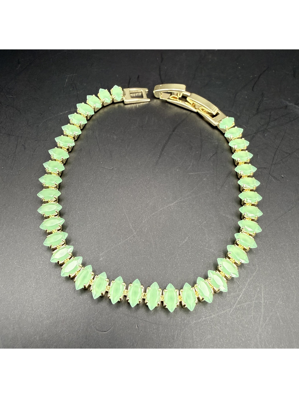 candy+clover milky green baguette gold tone tennis bracelet